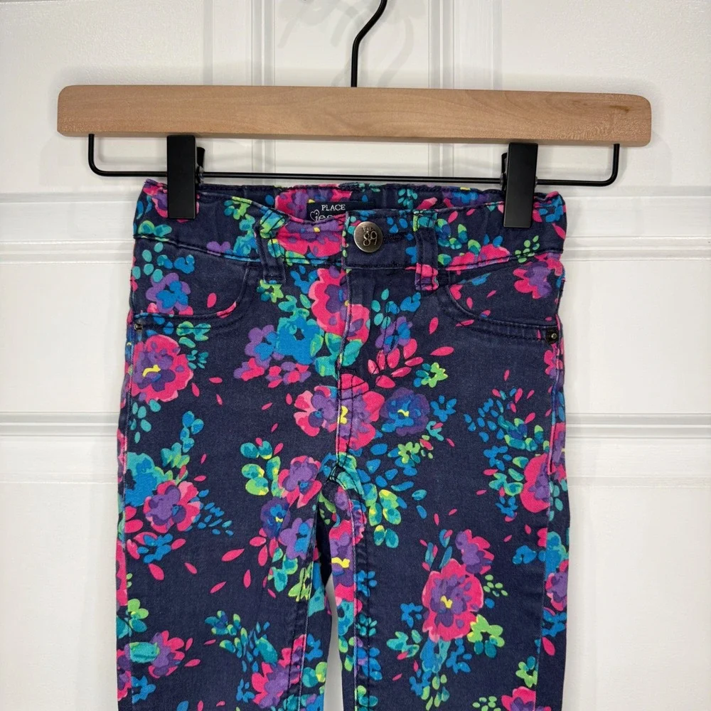 The Childrens Place Girls Floral Jeggings Navy Blue Pink‎ Stretch Pants Size 5